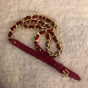 J McLaughlin red patent leather belt with chain